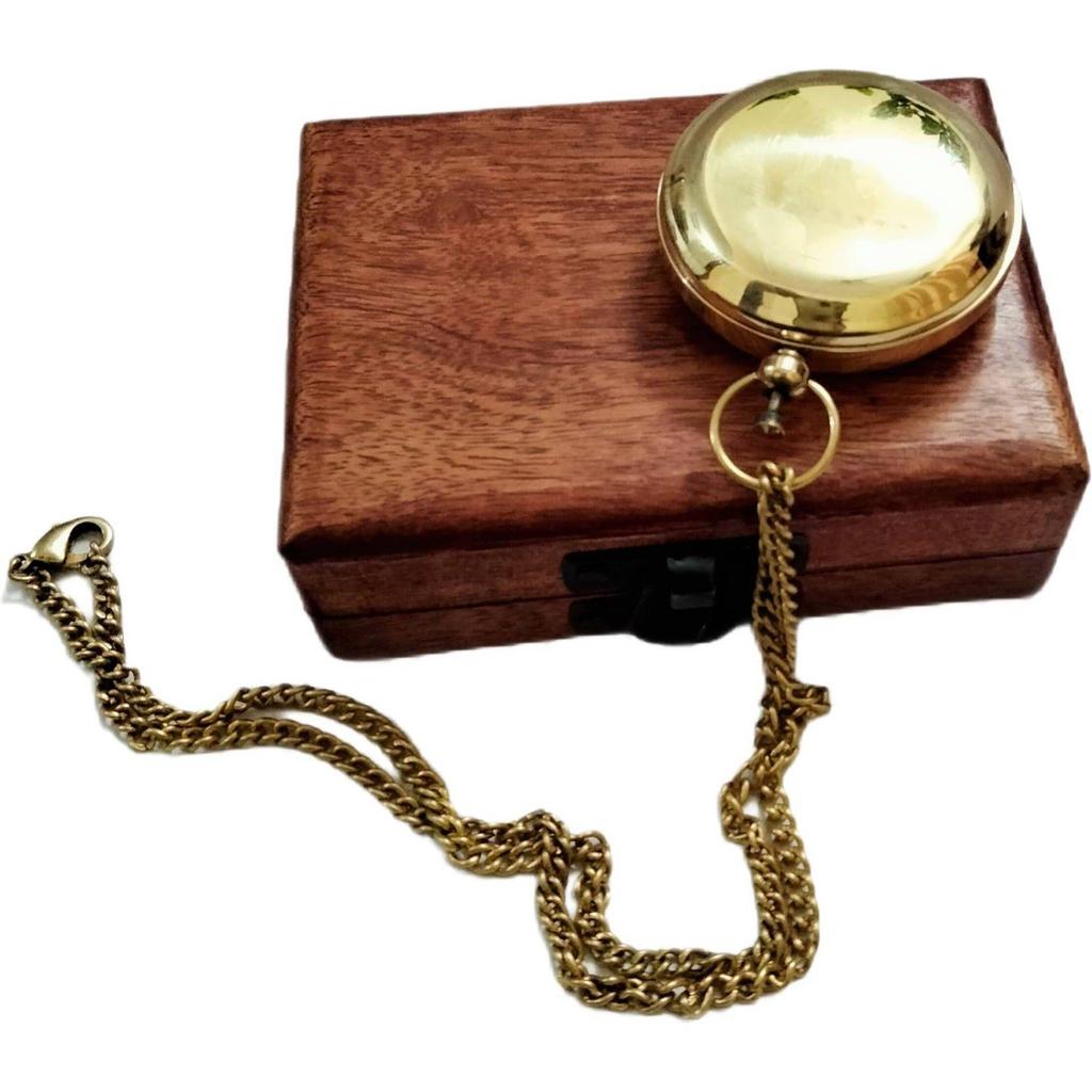 India Brass Push Button Lid Compass Chain with Gift Wood Box Compass (Gold