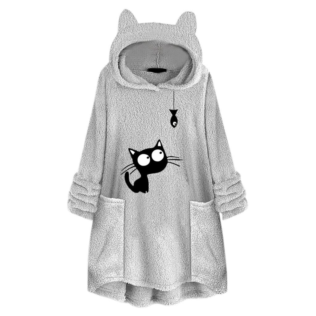 Women Fleece Embroidery Cat Ear Plus Size Hoodie Pocket Top Sweater Blouse