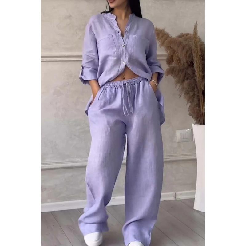 Женский однотонный комплект из рубашки с длинным рукавом и брюк клеш 2024