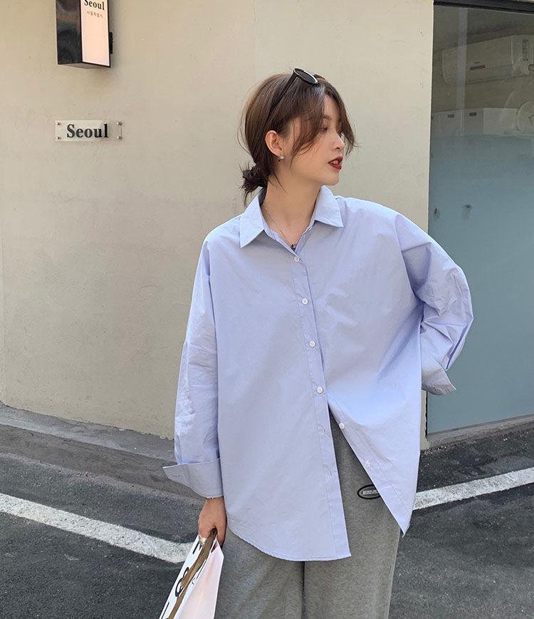 Женская синяя рубашка с длинным рукавом - Универсальная в корейском стиле для многослойности весной и осенью