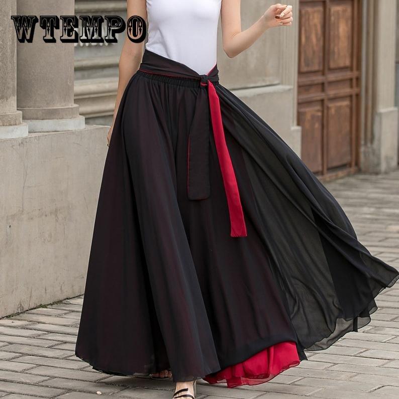 Черная длинная шифоновая макси-юбка для женщин, распашная юбка полного круга, макси-юбка в стиле бохо, шифоновая юбка с эластичной резинкой на талии и поясом, юбка больших размеров