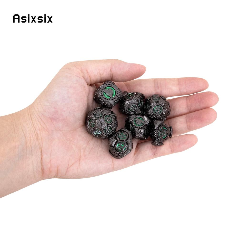 7 Pcs Green Black Gear Wheel Metal Dice Solid Metal Polyhedral Dice Set Suitable for Role-Playing RPG  Board Game Card Game