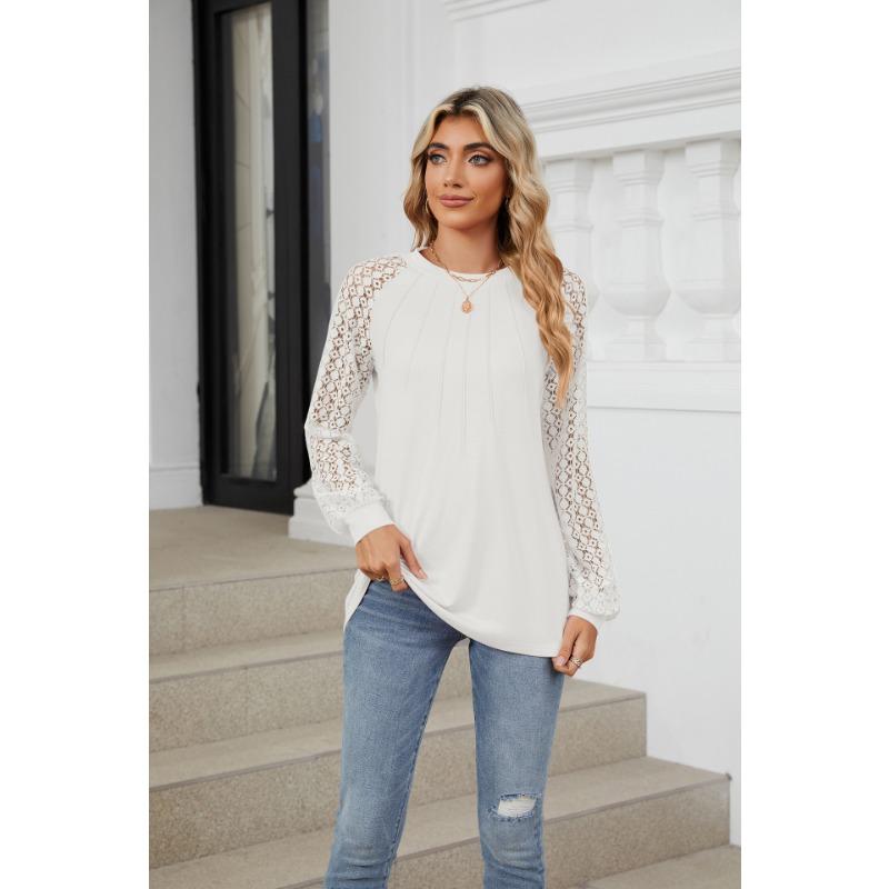 Осенняя женская блузка с кружевом и круглым вырезом, длинный рукав, свободный топ