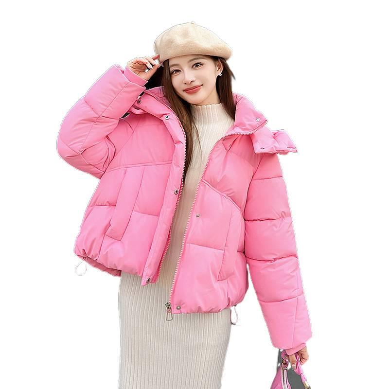 Winter short hooded bread clothes for women, loose shoulder drawstring hem cotton clothes, versatile and thickened small people