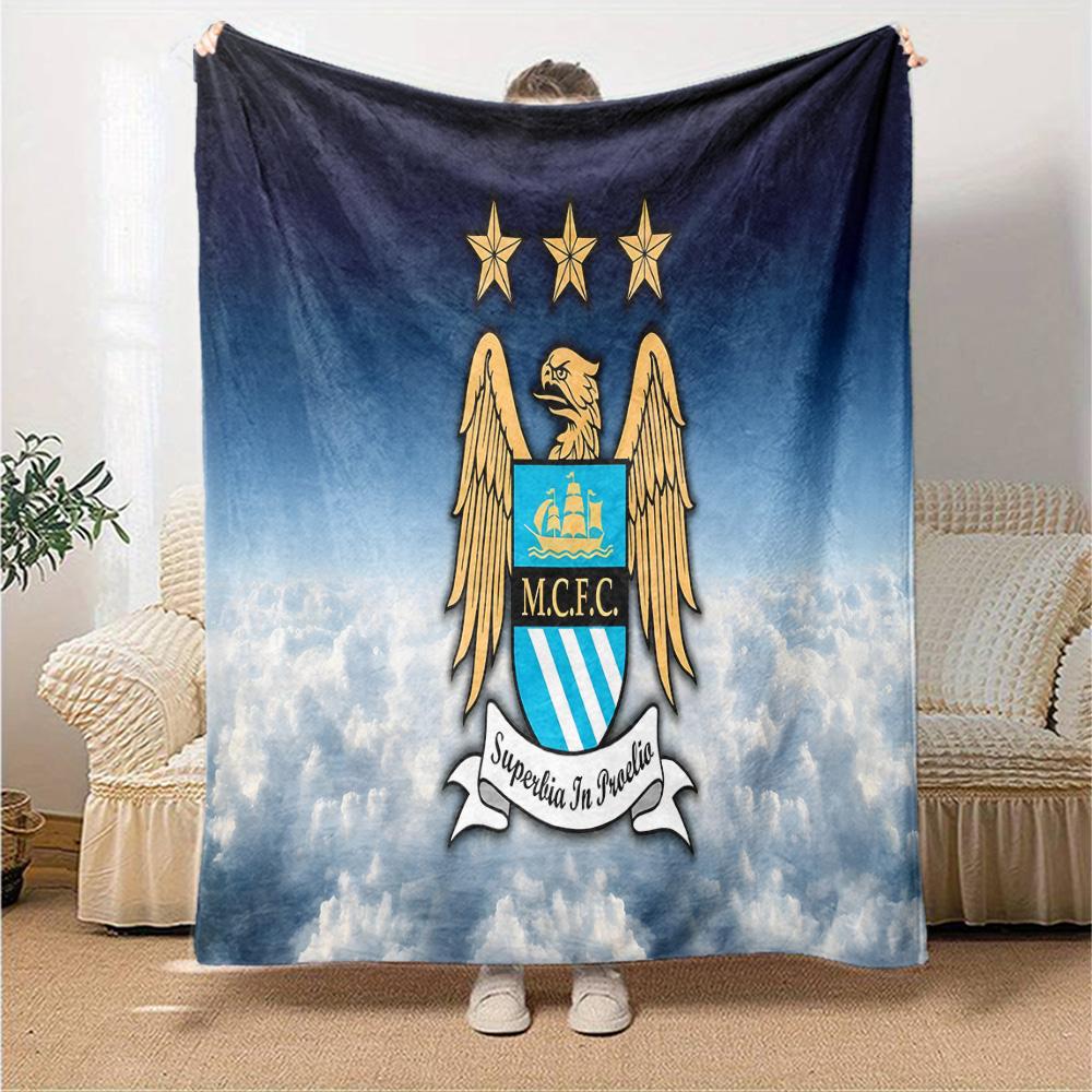 Football Manchester Crest Flannel Blanket, Soft Polyester, Modern Design, All-Season for Camping, Travel, Gifts for holidays or birthdays