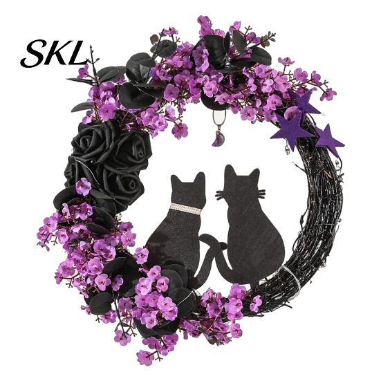 Black Cat Wreath with Lights Halloween Floral Garland, String Lights, Silhouette Romantic Decor Wreath, for Front Door Indoor Outdoor Wall Spooky And