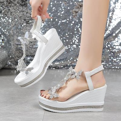 Летние новые женские сандалии на танкетке большого размера с бантом, на платформе с горкой, со стразами, сандалии с открытым носком