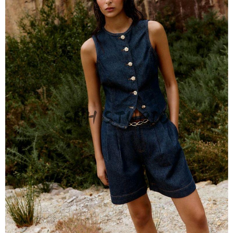 Round Neck Sleeveless Gold Button Decoration Denim Vest 6164109 Denim Pleated Belt Shorts 6164112
