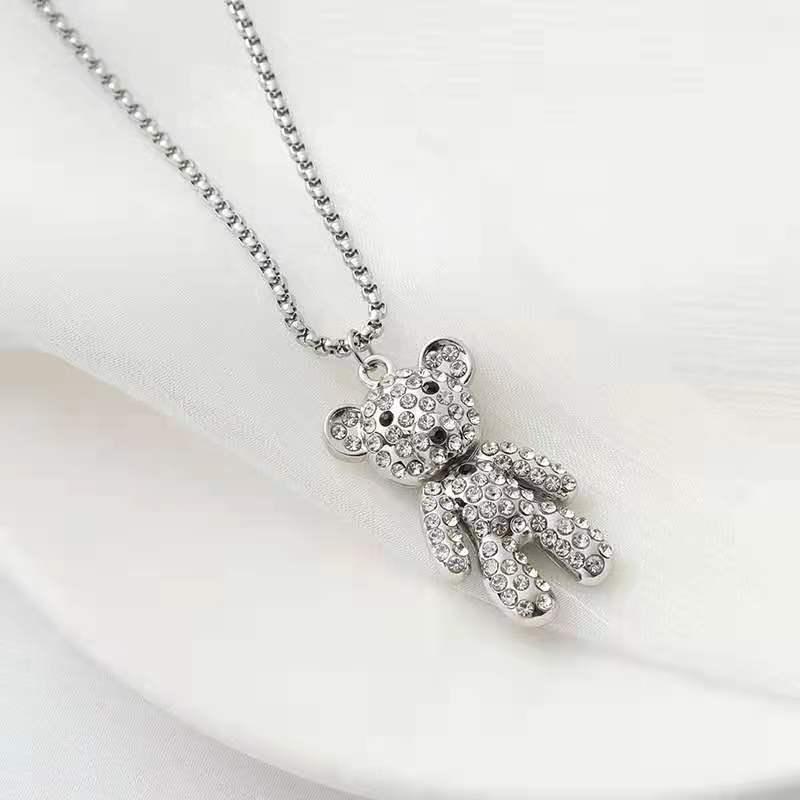 Hip-Hop Titanium Steel Bear Doll Pendant Necklaces For Womon Vintage Cubic Zirconia Sweater Chain Jewelry
