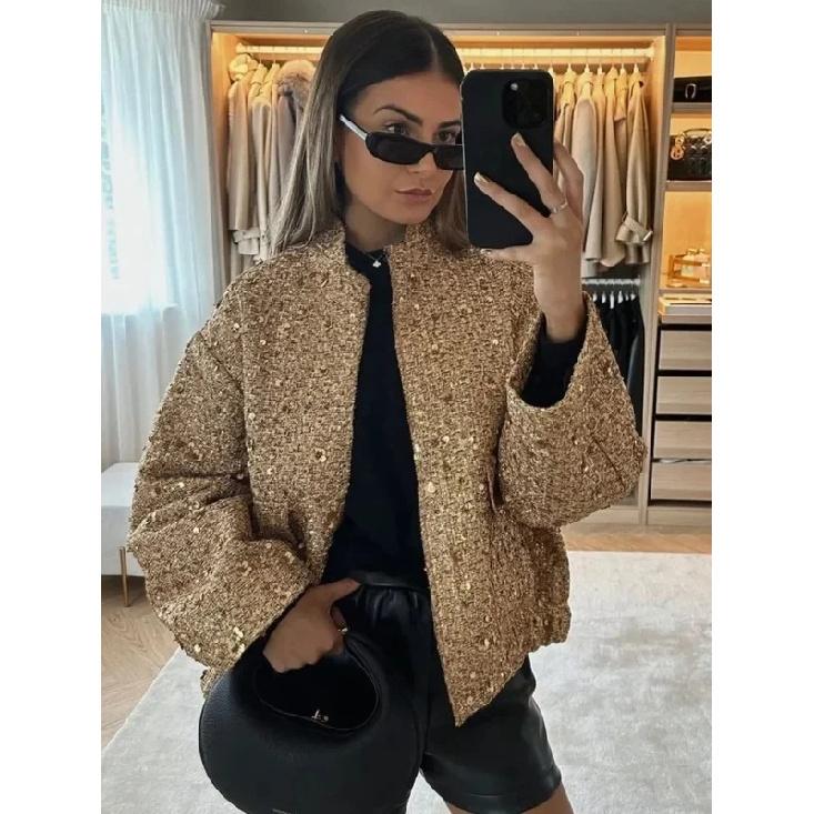 Women's Sequined Bomber Jacket Fall O Neck Long Sleeve Pocket Stretch Hem Sequins Jacket Coat Female Chic Outerwear