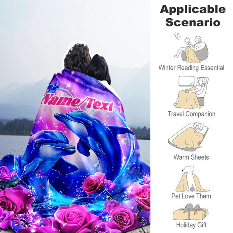 1PC Custom Name Dolphins Starry Fantasy outdooor Flannel blankets Throw Blanket All-Season Throw Gift Bedspread for Couch, Bed, Camping Holiday Birthd