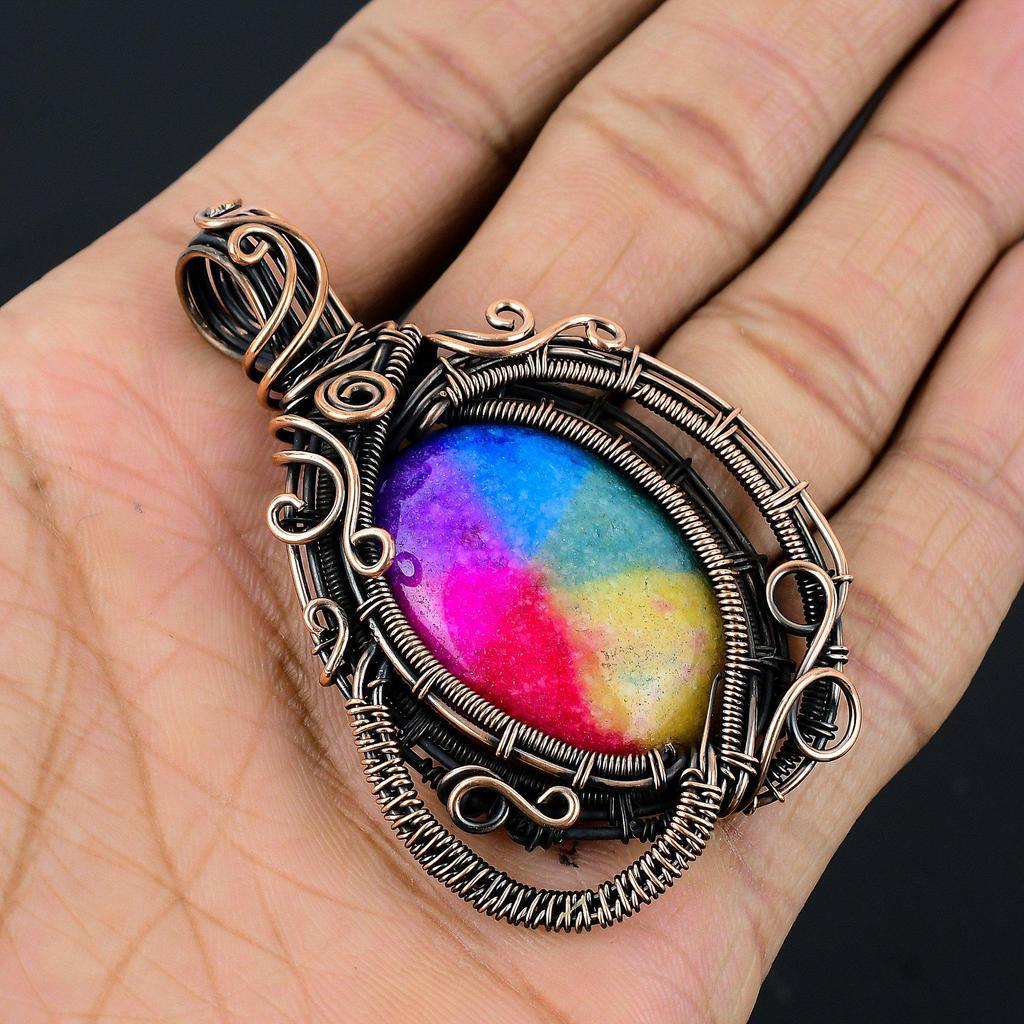 Rainbow Solar Quartz 999 Copper Wire Wrapped Pendant, Handmade Gemstone Pendant Jewelry, Gifts For Wife Brand New Pendant