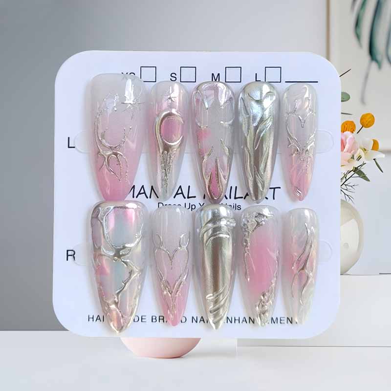 10 Pcs French Pink Silver Gradient Long Almond Gilded 3D Powder Blush Simple Press On Nails