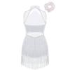 Girls Rhinestone Decorated Collar Leotard Sequins Mesh Patchwork Tassel Hem with Hair Tie