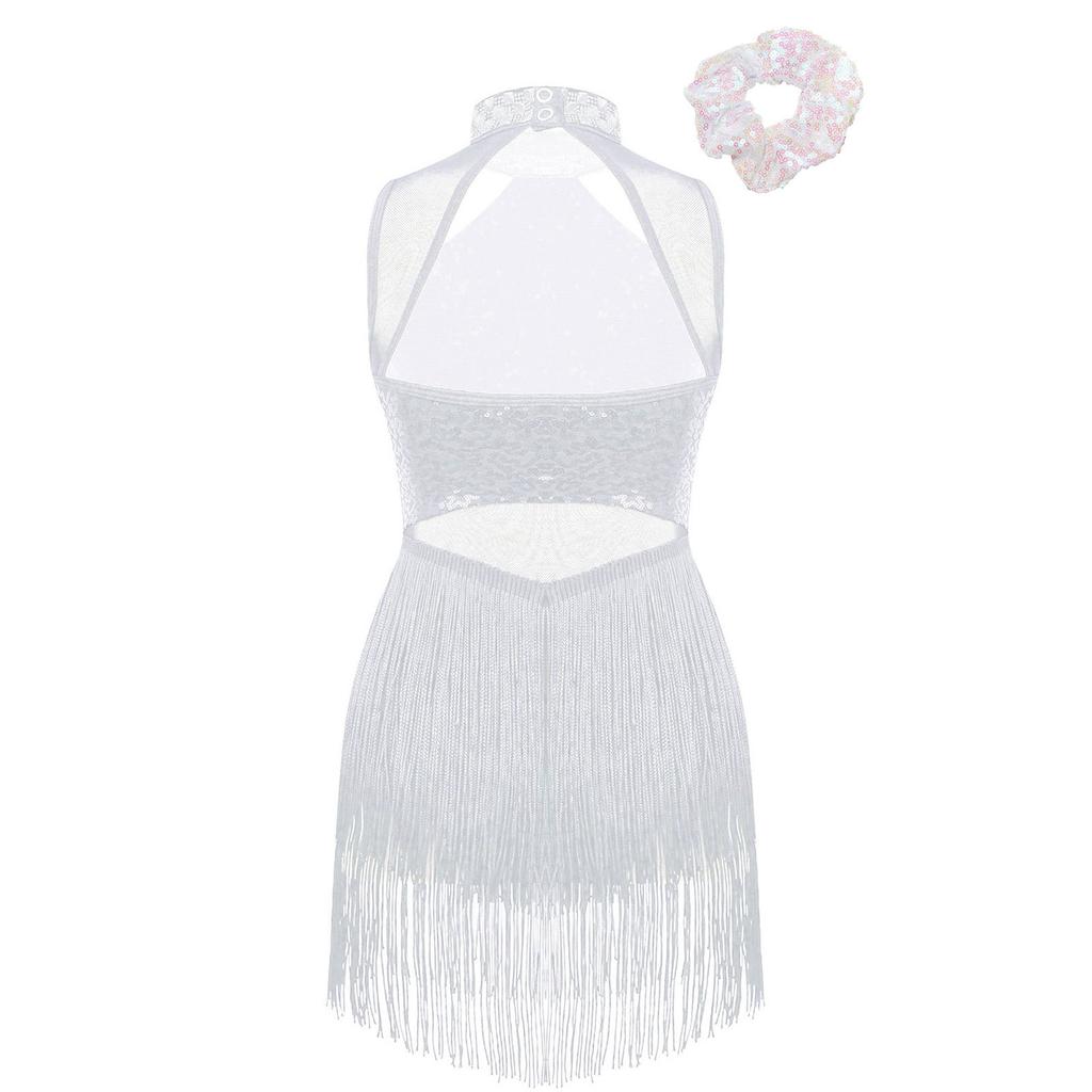 Girls Rhinestone Decorated Collar Leotard Sequins Mesh Patchwork Tassel Hem with Hair Tie