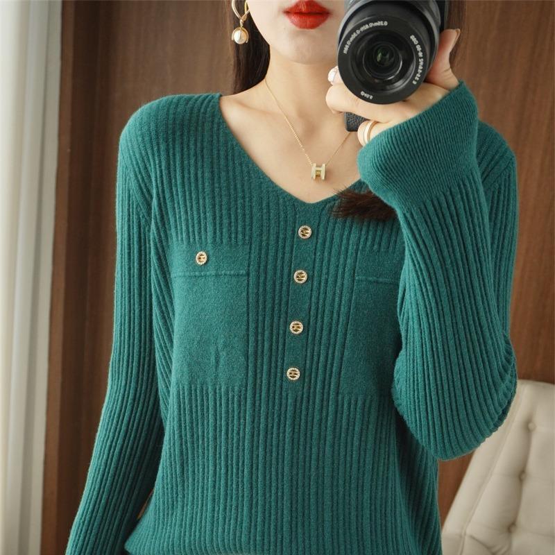 Women V Neck Long Sleeve Basic Knit Pullover Sweater