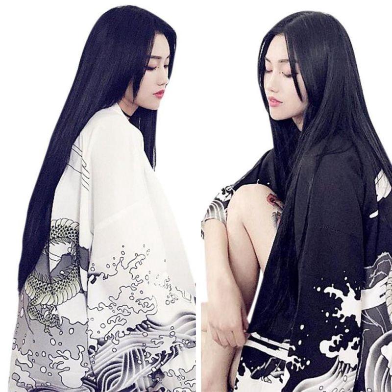 Винтажные женские блузки в стиле Харадзюку и с принтом дракона на спине, идея дизайна японского кимоно