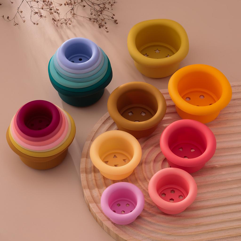 Color Kids 1Set Silicone Hourglass Stacking Cup Montessori Teether Chew Toy Baby Sensory Bath Toy 0-36 M BPA Free Educational