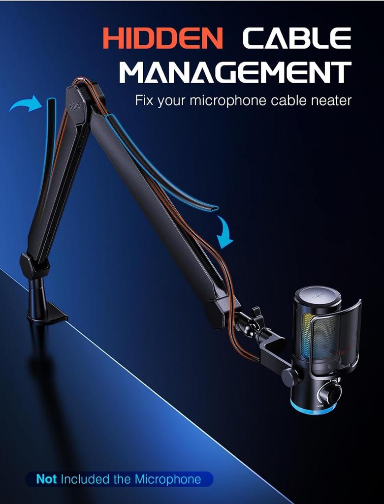 FIFINE Стойка-пантограф для микрофона, Настольная микрофонная стойка с удлинительной штангой, Телескопическая и складная, Вращение на 360°, Регулируемый угол, 14" до 38"
