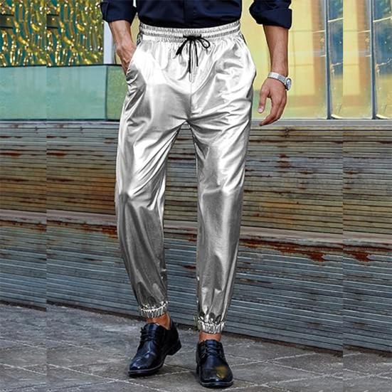 Мужские брюки для выступлений, эластичный пояс на шнурке, облегающий щиколотку, с карманами, глянцевая поверхность, брюки в стиле диско, брюки для сцены, вечеринки, ночного клуба, косплея