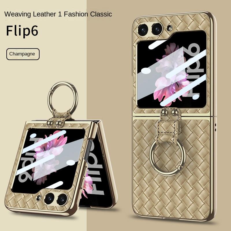Electroplate Shell Film Weaving Ring Phone Case for Samsung Galaxy Z Flip 6 5 4 Flip6 Flip5 Flip4 Flip3 5G Fall Prevention Cover
