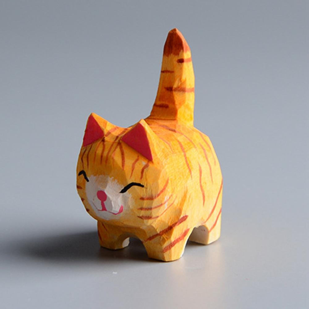 Decorative Wood Carving Crafts Mini Cat Animal Ornaments Bohemian Style Room Bed Decoration Handcraved Cute DIY Car Decors