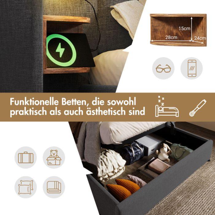 Lit double capitonné - MUVOE - 160x200 cm - avec table de chevet - liseuse USB - matelas inclus