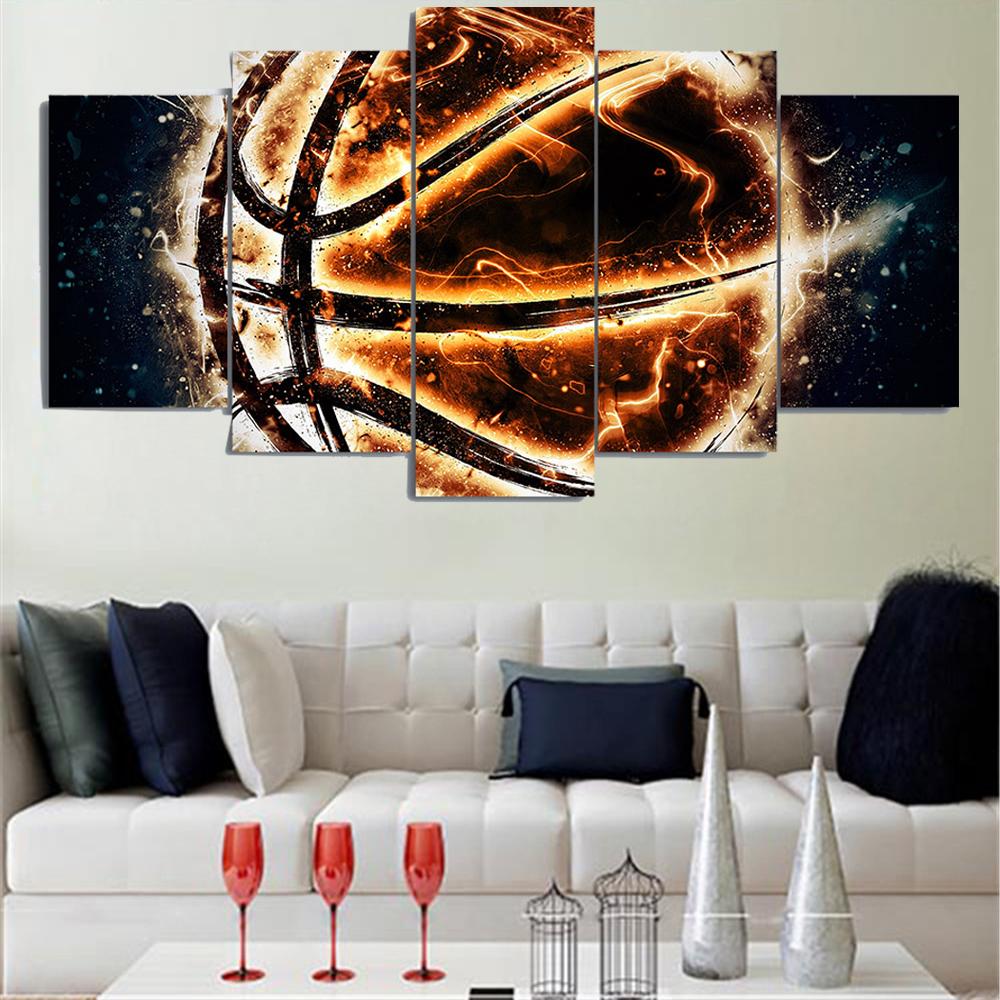 Wall Art Canvas Painting Pictures 5 Panel Fire Basketball HD Printed Modern Modular Posters Home Living Room Decor