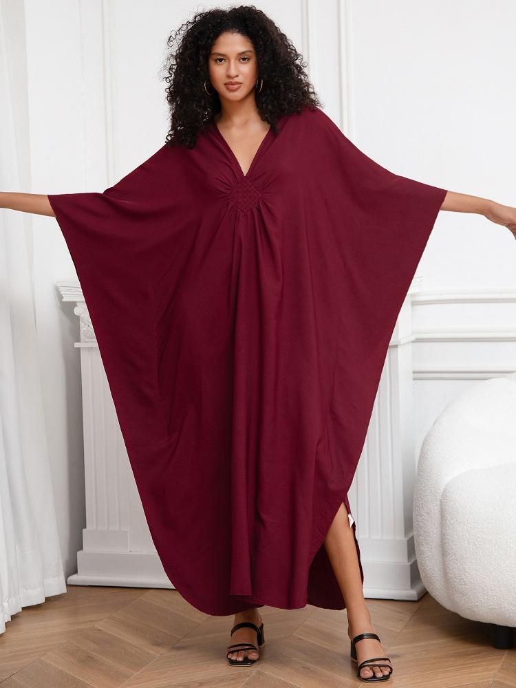 EDOLYNSA Wine Red Kaftan Women's Long Dress Pcaftan Lus size Moo Moo Dress Beach Wear Lounge wear House robe Outfit Q1306