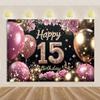 15th Birthday Theme Backdrop Black Gold Glitter Balloon for Women Men Boy Girl Party Decorations Balloon Banner Photography Prop