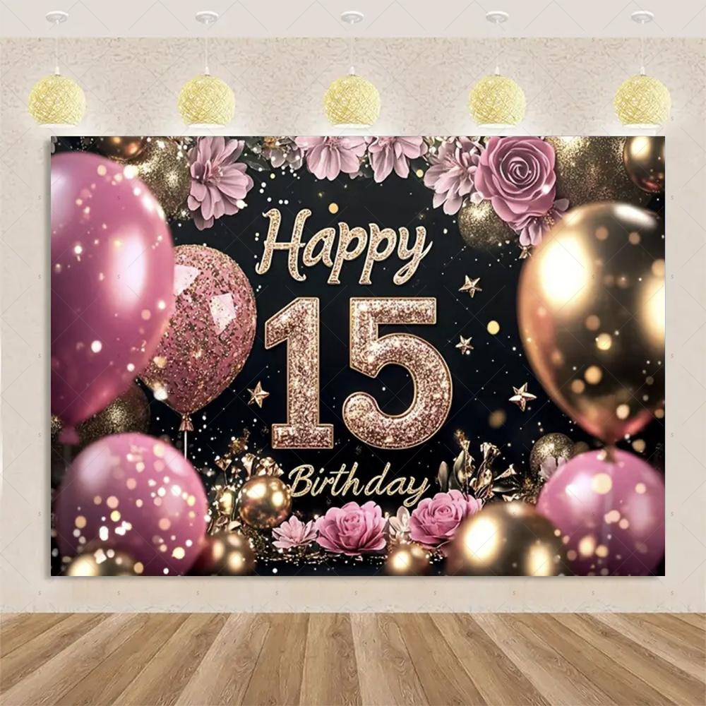 15th Birthday Theme Backdrop Black Gold Glitter Balloon for Women Men Boy Girl Party Decorations Balloon Banner Photography Prop