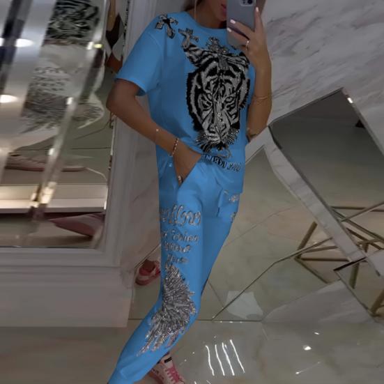 2 Pcs/Set Women T-shirt Pants Set Tiger Print Round Neck Short Sleeves Top Ankle-banded Elastic Waist Trousers Casual Daily Wear Outfit