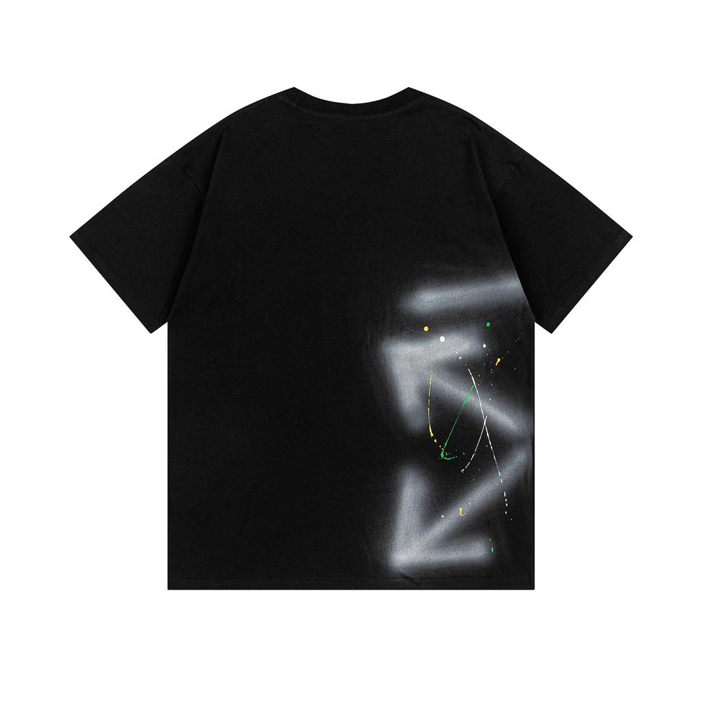 Off-White 2025 Spring/Summer New Style Inkjet Arrow Pattern Round Neck Hooded Short Sleeved Men's and Women's T-shirts