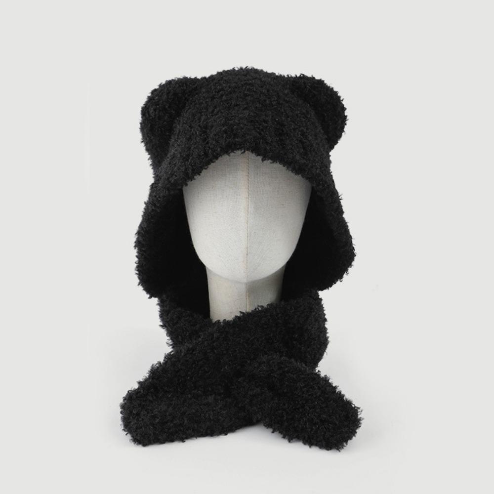 Velvet Cute Beanies Warm Hat Scarf Integrated Cartoon Plush Bear Ear Hat Streetwear