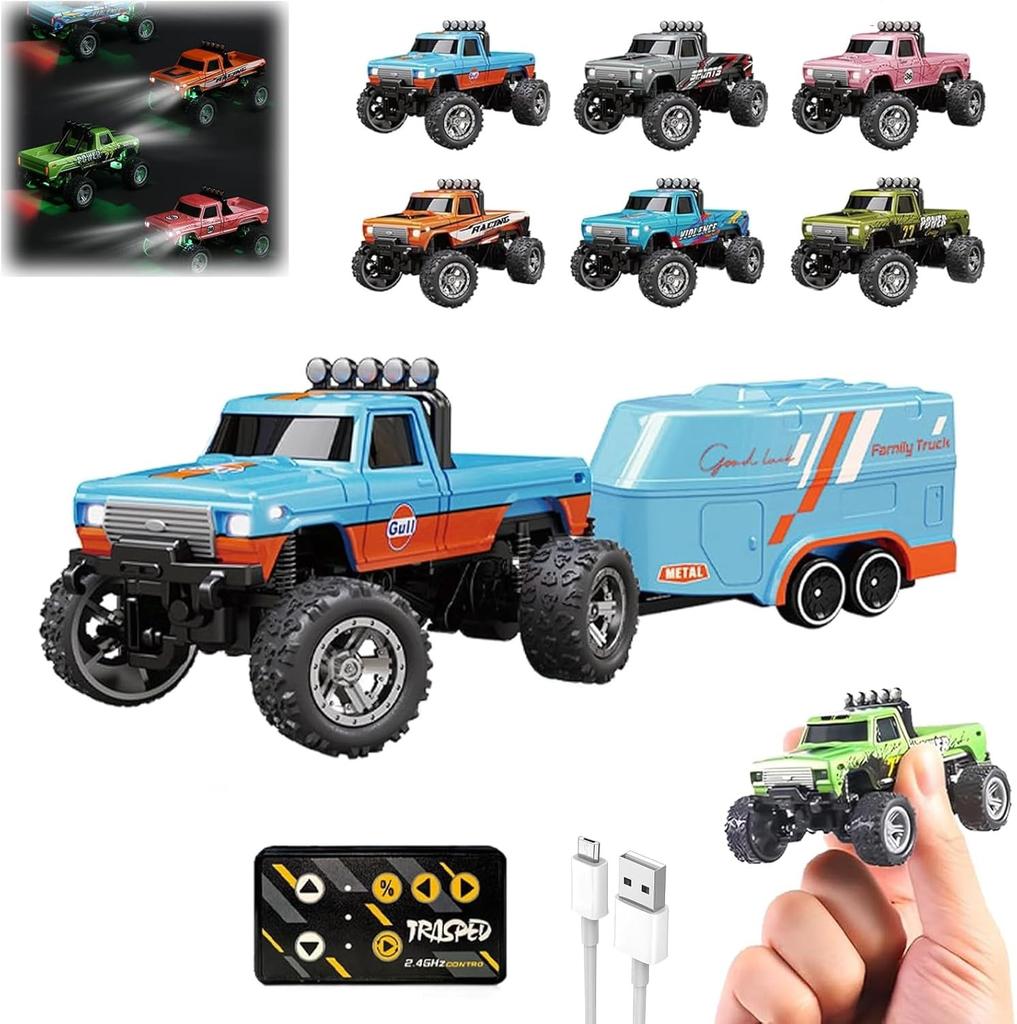 RC Truck USB-C Rechargeable Underflow With Trailer, 1:64 Scale Truck Remote Control Car With Lights, 2.4Ghz Remote Control