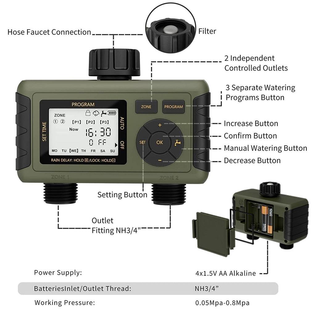Diivoo Таймер полива сада, 2 зоны, автоматическая система полива с задержкой дождя и ручным поливом газона, наполнение бассейна