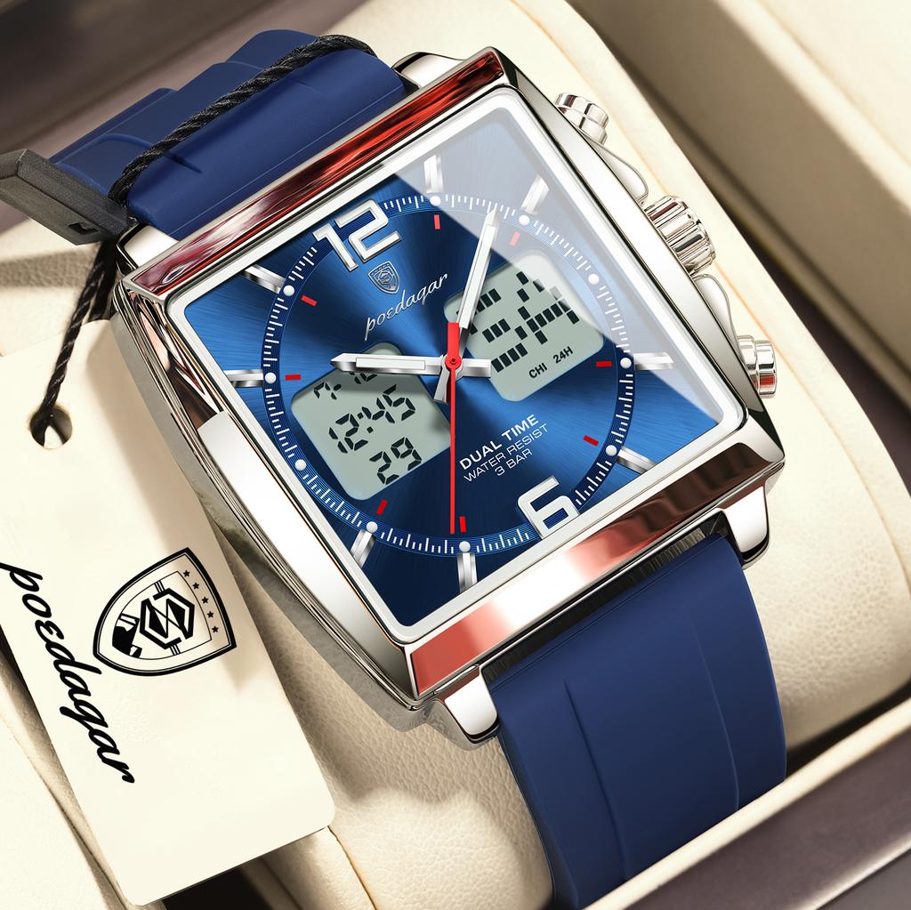 POEDAGAR Square Electronic Man Clock LED Alarm Chronograph Quartz Sport Men Watch Week Date Fashion Military Men's Watches Reloj