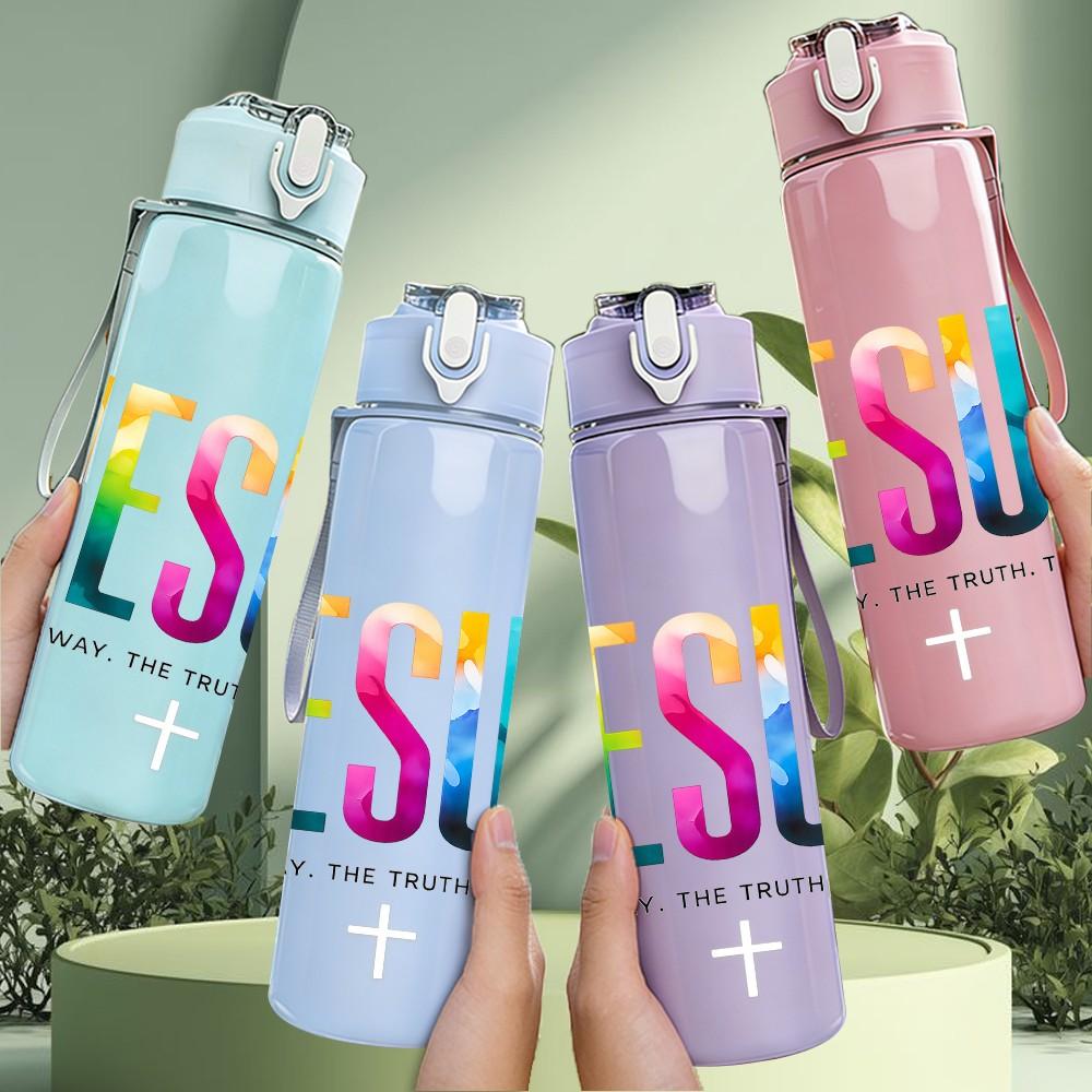 1PC Jesus Color Letter Logo Print 750ml Color Plastic Sports Water Bottle Leakproof Flip Straw Lid Suitable for Sports Office Home Use