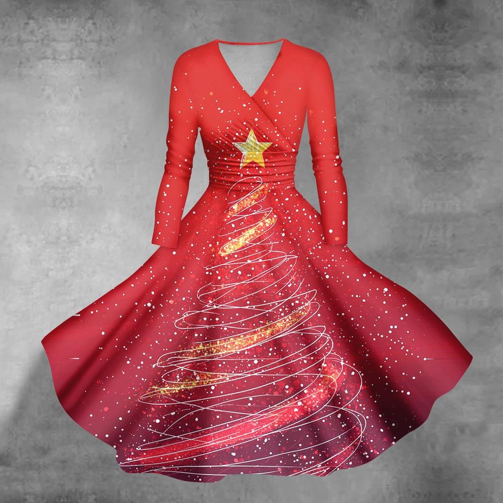 Women's Casual Fashion Christmas Printed Long Sleeve V-Neck Sexy Pocket Dresses