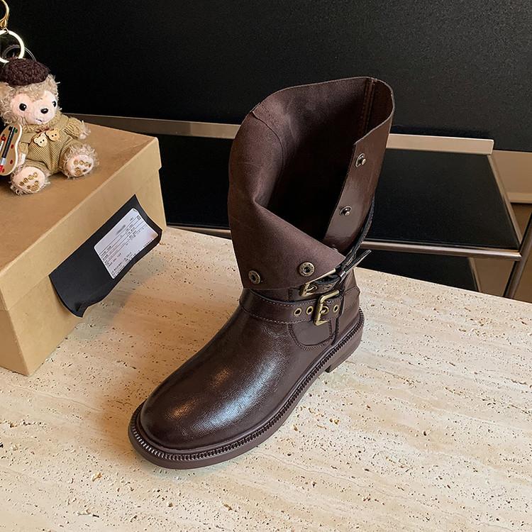 Spice Girl Wastestyle Belt Buckle Western Boots Women's Fold Pile Boots 2025 New Knight Boots Vintage Martin Boots