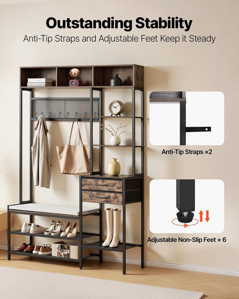 Hall Tree, 1800 mm Coat Rack with Shoe Bench & 2 Drawers, 3-in-1 Freestanding Shoe Rack Storage Organizer with Bookshelf & Wire Shelf, Steel Frame