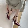Summer Ladies Pumps Fashion Pointed Toe Ankle Strap Buckle Patent Leather Wine Red High Heeled Sandals Women