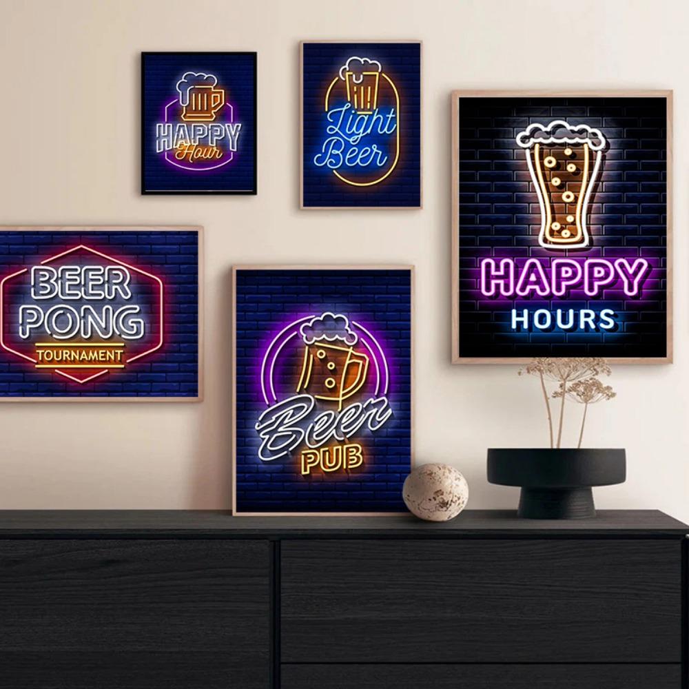 Неоновый эффект Пиво Happy Hour Паб Плакат Печать Холст Картина Настенная картина Для Бара Гостиная Домашнее украшение БЕЗ СВЕТОДИОДОВ