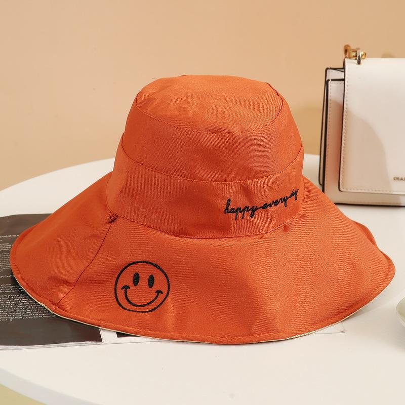 Polyester-cotton Large Brim Fisherman Hat for Women, Spring, Summer and Autumn, Sun Protection Visor, Double-sided Embroidered Smiley Basin Hat