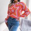 Y2K Women O Neck Knitted Pullover Sweater Long Sleeve Contrast Star Tops Autumn Winter