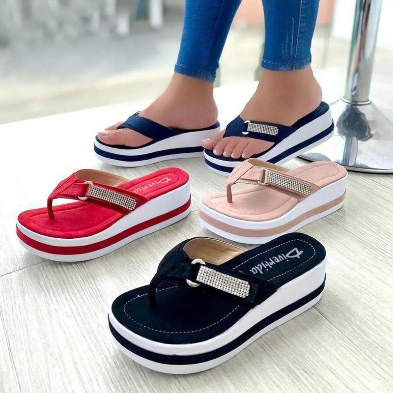 Fashion Sponge Women Slippers Summer Fashion Rhinestone Pinch Toe Ladies Flip-flops Outdoor Wedges Platform Slippers Beach Female Shoes