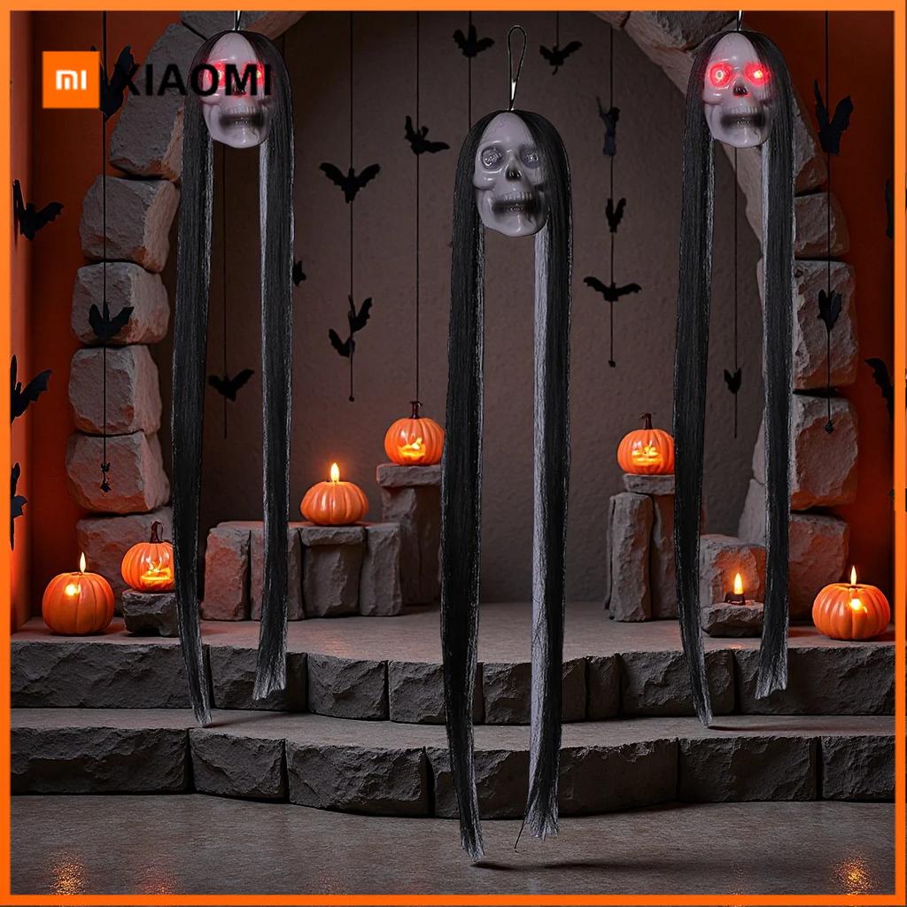 Xiaomi Halloween Hanging Ghost Skull with Long Hair Glowing Eyes Terror Skull Ghost House Head Skeleton Props 2024 Halloween Decoration