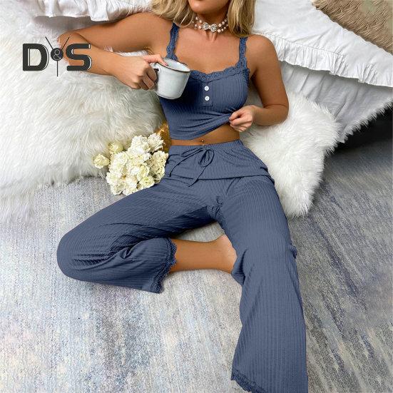 2 Pcs/Set Pants Top Suit Low-cut V Neck Sleeveless Solid Color Shirring Drawstring High Elastic Waist Lace Women Summer Pajamas Set Homewear Tank Top