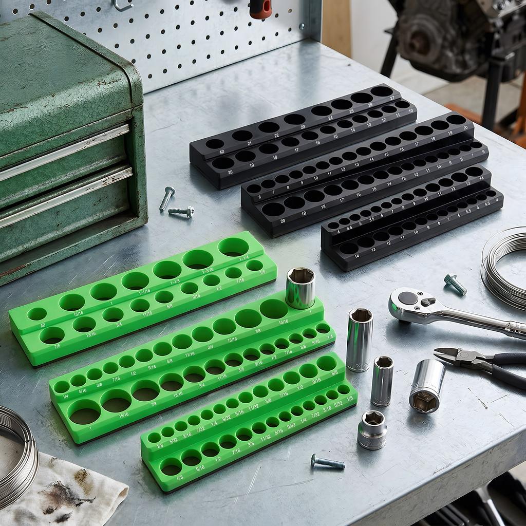 6Pcs Magnetic Socket Storage Tray, SAE & Metric Plastic Socket Holder Fits 1/4" 3/8" 1/2" Drive, Tool Organizer for Auto Repair Garage Workshop