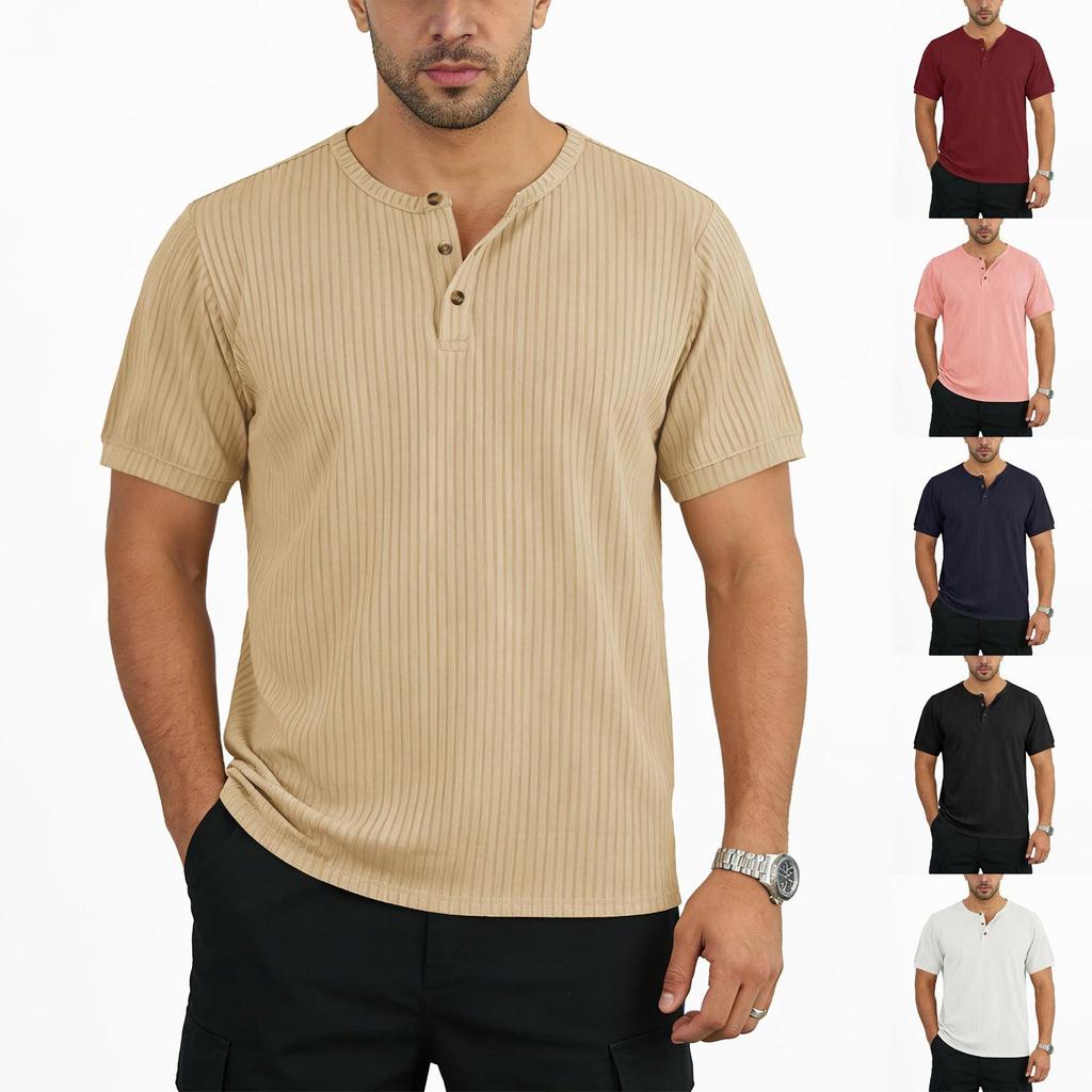 Мужская летняя футболка-henley с коротким рукавом, фактура в рубчик, на пуговицах, повседневная, дышащая, легкая